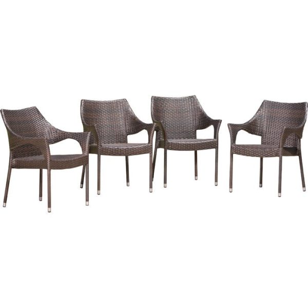 SET OF 4 Dark Brown Licet Wicker Outdoor Stackable Dining Armchair Supply